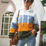 Women Hoodies Sweatshirt Striped Patchwork Ladies Long Sleeve Pullover Plush Top Autumn Winter Female Warm Clothing