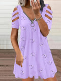 Wish Women's V-Neck Zipper Printed Short Sleeves Relaxed Casual Lavender