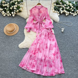 Temperament Two Sets Of Female High-Grade Style Straps To The Waist Lantern Sleeve Print Chiffon Top + High Waist