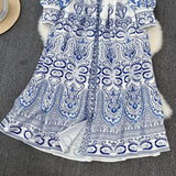 And Autumn Retro Court Style Lotus Leaf Side V-Neck Single Buckle Lantern Sleeves To Close The Waist A Word Print Dress