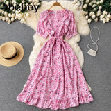 Ruffles Boho 2022 O Neck Summer floral print long split Dress Party Women high waist dress beach holiday tunic