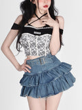 Belts Y2k Pleated Denim Skirt Women Sexy Egirl Double Layer Ruffle Patchwork High Waist Jean Skirt Shorts Punk