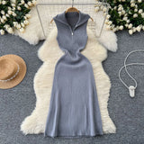 A Small-Sized Lap Collar Zipper Sleeveless Dress Women Decorate The Body Thin Leisure Medium Long Over-膝 Knit