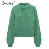 Winter lantern sleeve knitted sweater pullover Women loose round neck red sweater Female autumn casual sweater