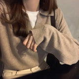 Korean Fashion Women Pullover Simple Lapel Soft Autumn Winter Polo Sweater Ladies Casual Long Sleeve All-match Jumper Coffee