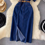 Luxury Famous Feudal High-Level Feeling Polo Collar Denim Dress Women Summer Fork Belt Design Niche Temperament