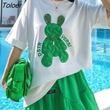 Crystal Cartoon Embroidery Knit Rabbit T Shirts Streetwear Korean Fashion Sweet Girls 2022 Summer Large 2XL Casual