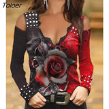 Women Cold Shoulder Blouse Fashion Floral Print Colorblock Lace Trim Beaded Top Casual Elegant Long Sleeve T-Shirt