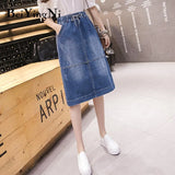 Vintage Denim Skirt Drawstring High Elastic Waist Pockets Streetwear Midi Jeans Skirts Women Oversized Split