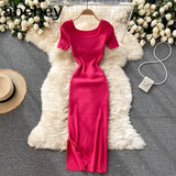 Women Slim Knitted Dress Square Collar Short Sleeve Elastic Bodycon Dresses 2022 Summer Streetwear Sexy Split