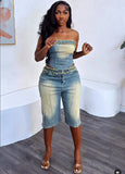 Women's Jeans Set Women's Fashion Blouse Wrapped Corset High-Waisted Denim