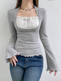 y2k Lace Patchwork Fake Two Piece T-shirt Fairycore Flare Long Sleeve Tops Spring Casual Kawaii Clothes Korean