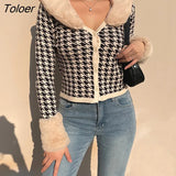Vintage Fur Collar Women's Cardigan Knitted Winter Sweater Coats Korean Fashion Aesthetic Casual Streetwear