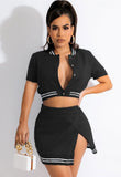 Fashion Sport Baseball Short Sleeve Crop Top And Slit Skirt 2 Piece
