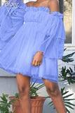 Off Shoulder Ruffle Loose Beach Dress Women Casual Slash Neck Ladies Mini Dress Elegant Sheer Long Sleeve Mesh Party