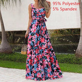 Print Bohemian Long Dress Celmia Women 2022 Summer Elegant Sleeveless Beach Maxi Sundress Casual Belted Party