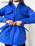 Winter Casual Loose Argyle Jackets Women Fashion Thick Warm Long Coats Elegant Tie Belt Cotton Padded Outerwear