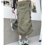 Style High Waist Midi Skirts Women Leisure Simple Denim Shirring Design Behind-Slit Streetwear Y2k Spring All-match