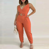 2023 E-Commerce New Women's Wear V Tie Solid Color Jumpsuit-Outfit