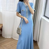 Escuse Side Spliced Round Collar Metal Buckle Knit Dress Women's Elastic Tights On The