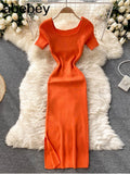 Women Slim Knitted Dress Square Collar Short Sleeve Elastic Bodycon Dresses 2022 Summer Streetwear Sexy Split