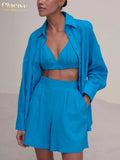 Fashion Long Sleeve Blouse + Bra Womens Three Peice Sets Casual Loose Blue Cotton High Waist Shorts Suits Female