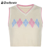 SUCHCUTE Preppy Style Argyle Plaid Sweater Vest Women V Neck Cropped Knitted Vest Streetwear Autumn 2020 Ladies