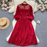 Autumn Vintage Women Lace Party Dress Elegant Round Neck Lantern Sleeve High Waist A-Line Vestidos Red/White/Black Robe New