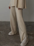 Sweater 2 Piece Set Women Loose O-Neck Knit Pullovers+Wide Legs Pants Sets 2022 Oversized Solid Slit Knitted