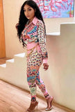 Print Retro Elegant Blouse and Pants Two Piece