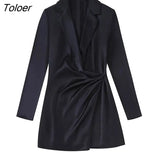 ZBZA 2023 Women Chic Fashion Spring Pleated Mini Dress Vintage Lapel Collar Long Sleeve Female Dresses Vestidos