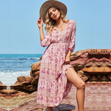 Neck Bohemain Long Dress Summer 2021 High Waist 100% Cotton Dresses Floral Print Chic French Dress for Women Robe