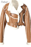 2023 New Autumn And Winter Turn-down Collar Full Sleeves PU Leather Flocking Waist Jacket Female Coat Tide Warm