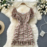 2021 Summer Chiffon Floral Dress Women Sexy Short Beach Dresses French Boho Daisy Print Vacation Party Ruched