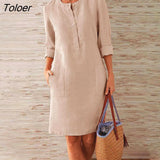 Women Casual Vestidos Women Dress Solid Color Pockets Summer Round Neck Long Sleeve Buttons Dress Beach