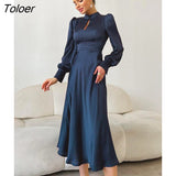 Elegant Evening Dresses Navy Hollow Out Woman Satin Midi Party Dress Autumn Lantern Sleeves Sliky Keyhole Dress