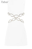 Solid Diamonds Mini Dress Women Round Neck Sleeveless Spliced Hollow Out Bodycon Dresses Female Summer 2023 Style