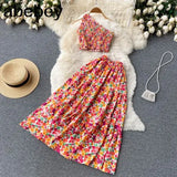 Summer Female Fashion Holiday Sets Floral Women Sexy Short Top+ A-line skirt Two Piece Set Beach Outifits Suits