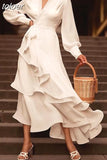 Plain Dress For Women V Neck Long Sleeve High Waist Bandage Sexy Midi Dresses Female 2023 Spring Fashion Clothing