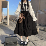 Gothic Lolita Long Skirt Women Harajuku Ruffle Strap Black Skirt High Waist Soft Girl Japanese Kawaii Streetwear