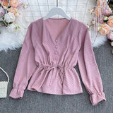 New Spring Fashion All-match V-neck flared sleeve Shirt lace up waist slim dot Long Sleeve Shirt