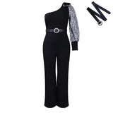 With Belt Women's Slanted Shoulder Sexy Waist Temperament Broad Leg Size
