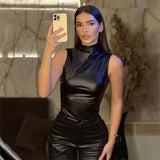 Toloer Women's 2024 New Leather Pile Collar Personality Closed Waist Oblique Hem Sleeveless Jacket Women's Vest-Outfit