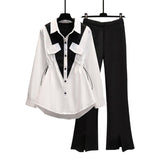 Pleated Waist Panel Chiffon Shirt Casual Wide Leg Pants Two Piece Elegant Women's Pants Set Summer