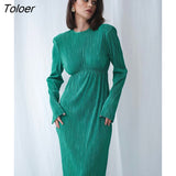 Luxury Elegant Dresses Women Summer Pleated Party Dress Lady Slim Long Sleeve Midi Dress Evening Stretch 2022 Robe