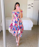 Summer Ladies Sexy Off Shoulder Flower Print Dress Elegant Short Sleeve Elastic Irregular Casual Dress Vestido De