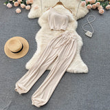 Sporty Casual Women Summer Sets 2022 Elastic Waist Slim Paclet Vacation Long Legs Ladies Sexy Solid Two Piece