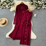 Senior Sense Loose External Medium And Long Knitted Cardigan Jacket + Sleeveless Metal Buckle Joint