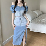 Women 2 Piece Set Sexy Denim Slash Neck Short Sleeve Crop Top + High Waist Split Bodycon Skirts Korean Lady Elegant