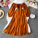 Autumn Women Slash Neck Long Sleeve Midi Dress Female Yellow/Red/Pink High Waist Ruffle Big Swing Chiffon Robe Fashion 2022